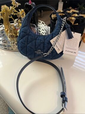 COACH Quilted Dark Blue Denim Crescent Shoulder Bag with Silver Chain